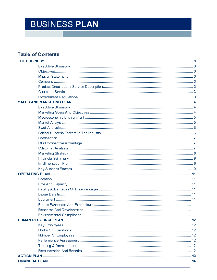 topics for a business plan