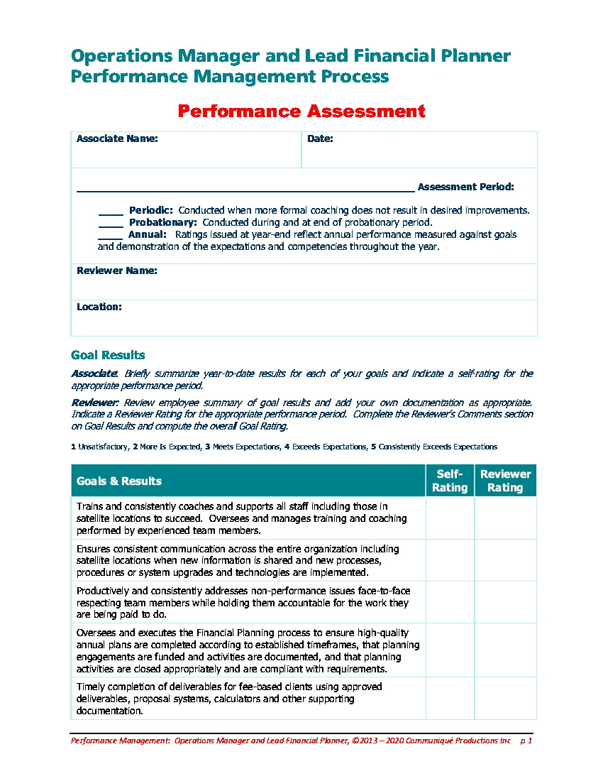 This is a partial preview of FAS Operations Manager & Lead Planner Performance Assessment (6-page PDF document). Full document is 6 pages. 