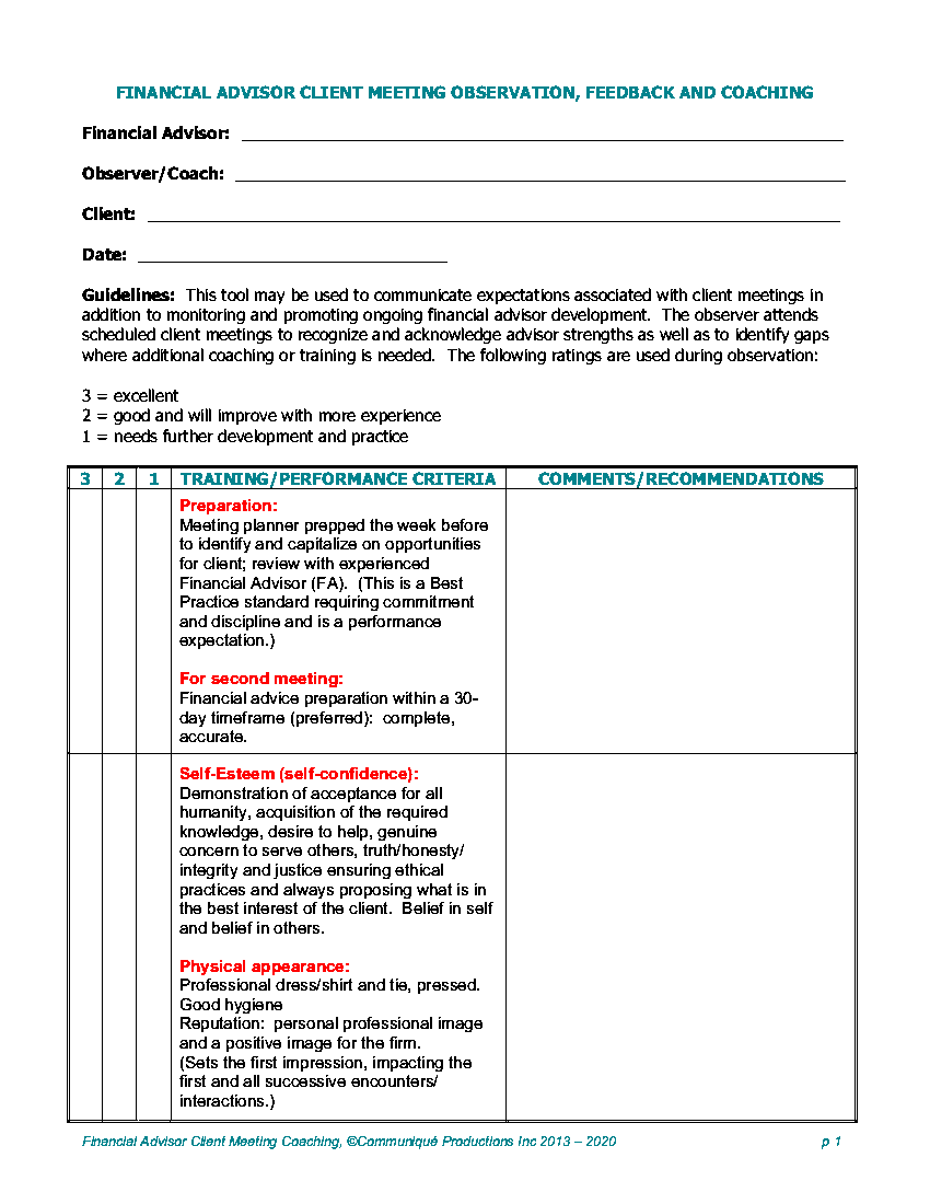 FAS Client Meeting Observation and Coaching Form (4-page PDF document) Preview Image