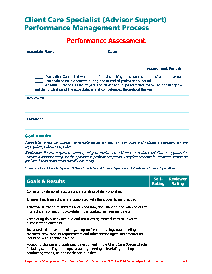 FAS Client Care Specialist Performance Assessment (6-page PDF document) Preview Image