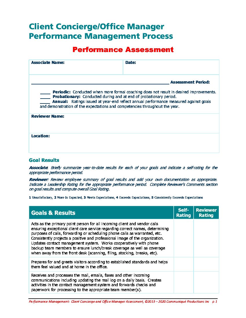 This is a partial preview of FAS Client Concierge/Office Coordinator Performance Assessment (6-page PDF document). Full document is 6 pages. 