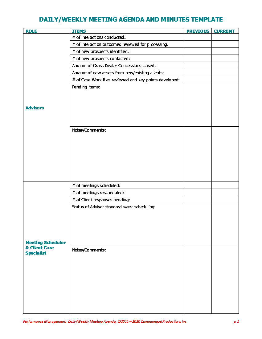 FAS Daily/Weekly Staff Meeting Agenda and Minutes Template (20-page PDF  Document)  Flevy Intended For Weekly Meeting Agenda Template