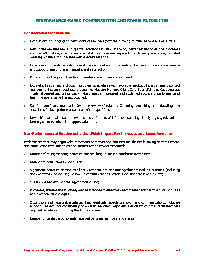 FAS Performance-Based Comp & Bonuses Guidelines & Sample Plan