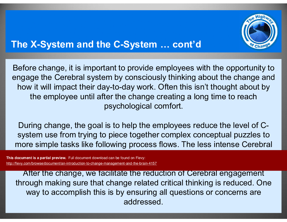 This is a partial preview of An Introduction to Change Management and the Brain (37-slide PowerPoint presentation (PPT)). Full document is 37 slides. 