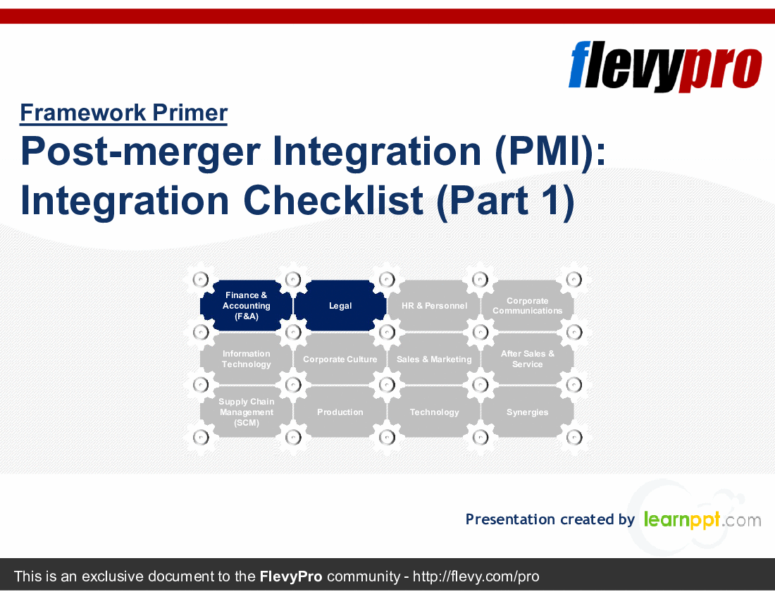 This is a partial preview of Post-merger Integration (PMI): Integration Checklist (Part 1) (27-slide PowerPoint presentation (PPTX)). Full document is 27 slides. 