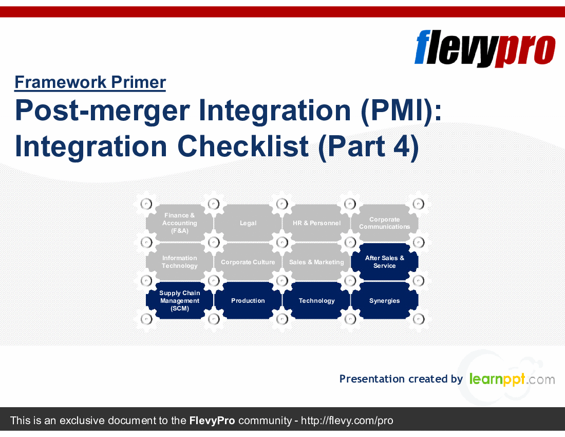 This is a partial preview of Post-merger Integration (PMI): Integration Checklist (Part 4) (32-slide PowerPoint presentation (PPTX)). Full document is 32 slides. 