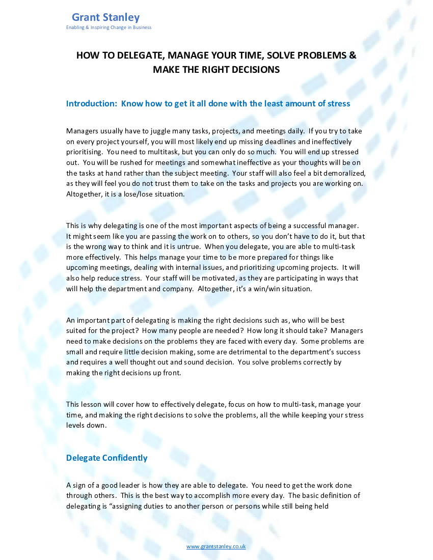 Lesson 6 - How to Delegate, Manage Your Time, Solve Problems, & Make the Right Decisions (18-page Word document) Preview Image