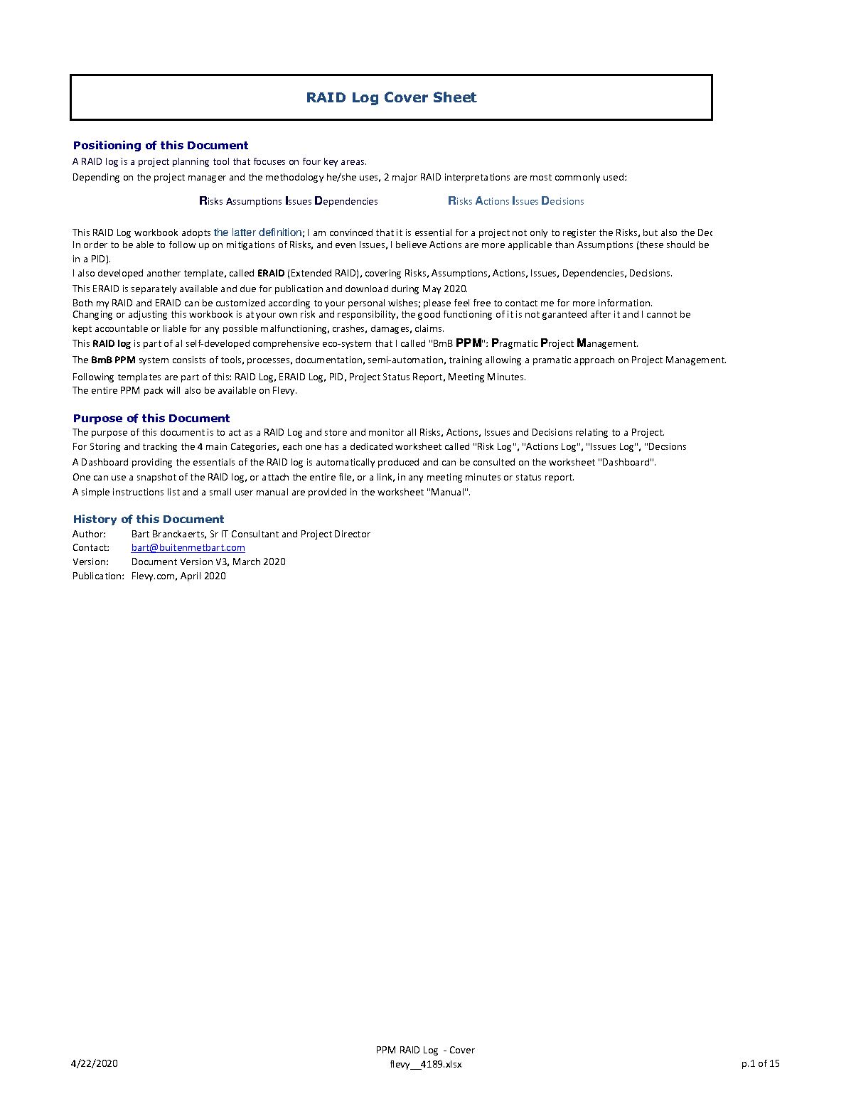 Pragmatic Project Management: RAID Log (Excel template (XLSX)) Preview Image