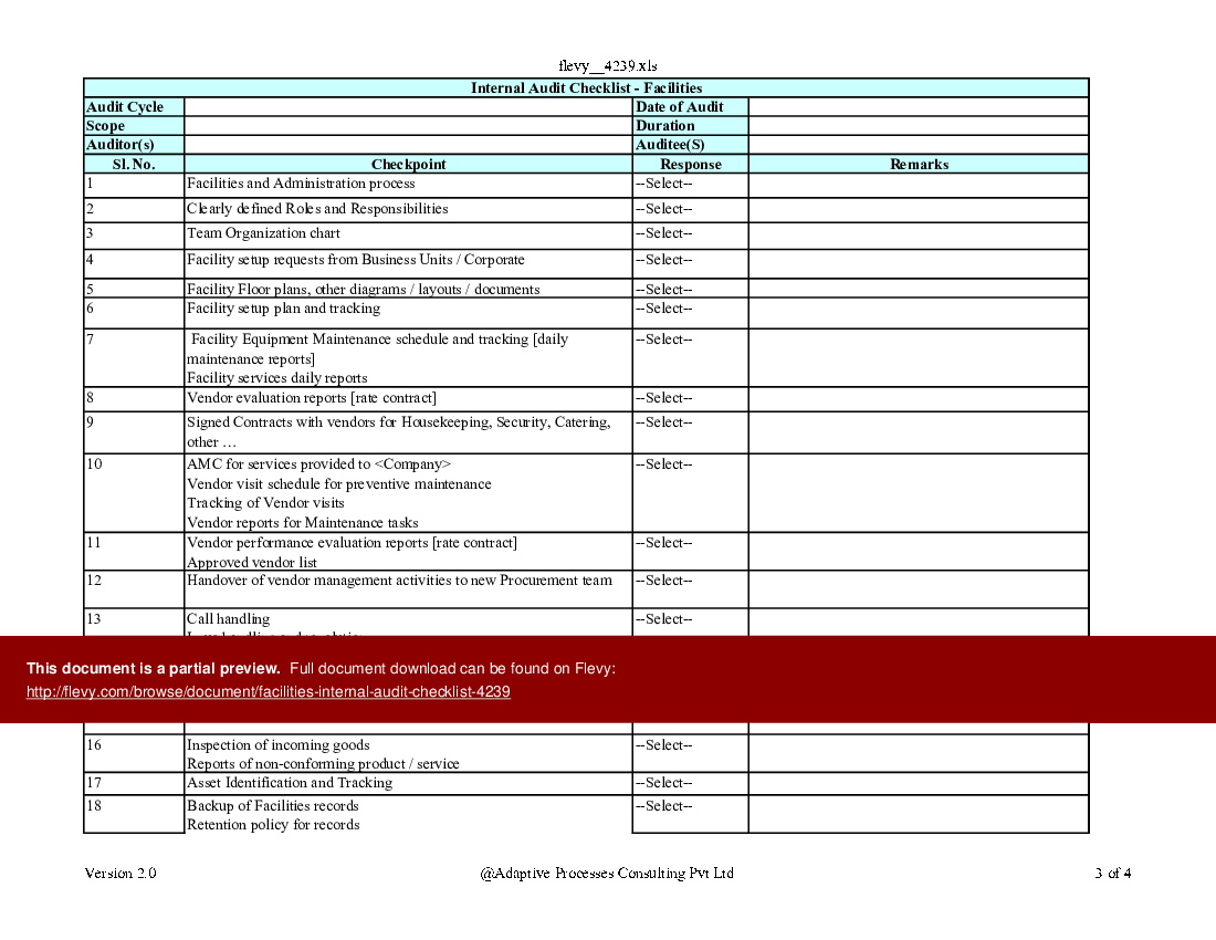 Facilities Internal Audit Checklist (Excel template (XLS)) Preview Image