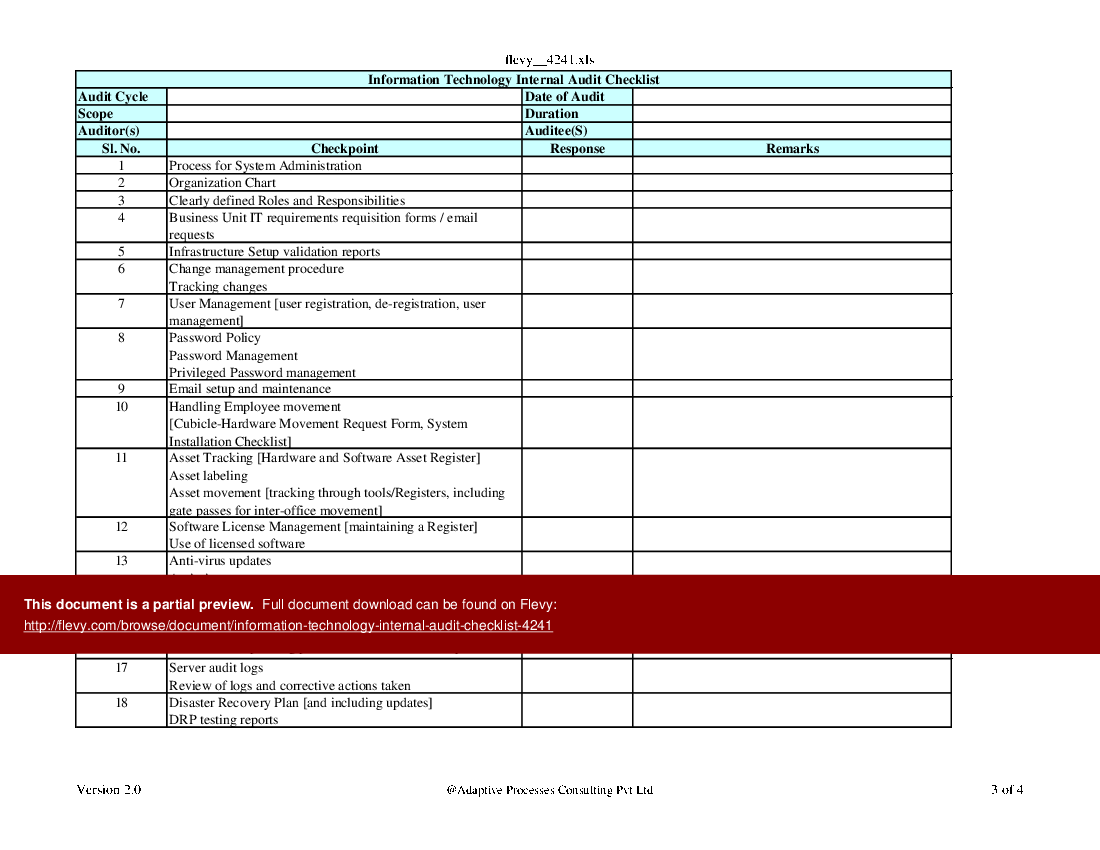 This is a partial preview of Information Technology Internal Audit Checklist (Excel workbook (XLS)). 