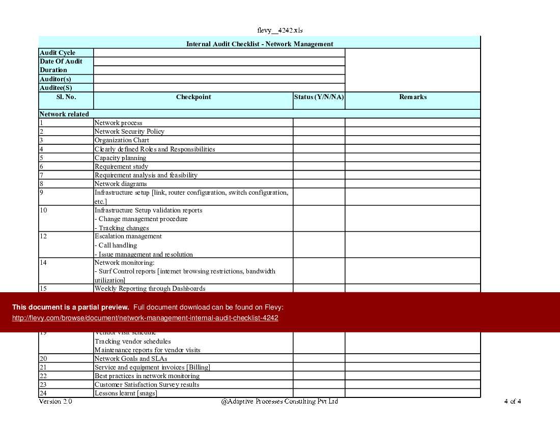 This is a partial preview of Network Management Internal Audit Checklist (Excel workbook (XLS)). 