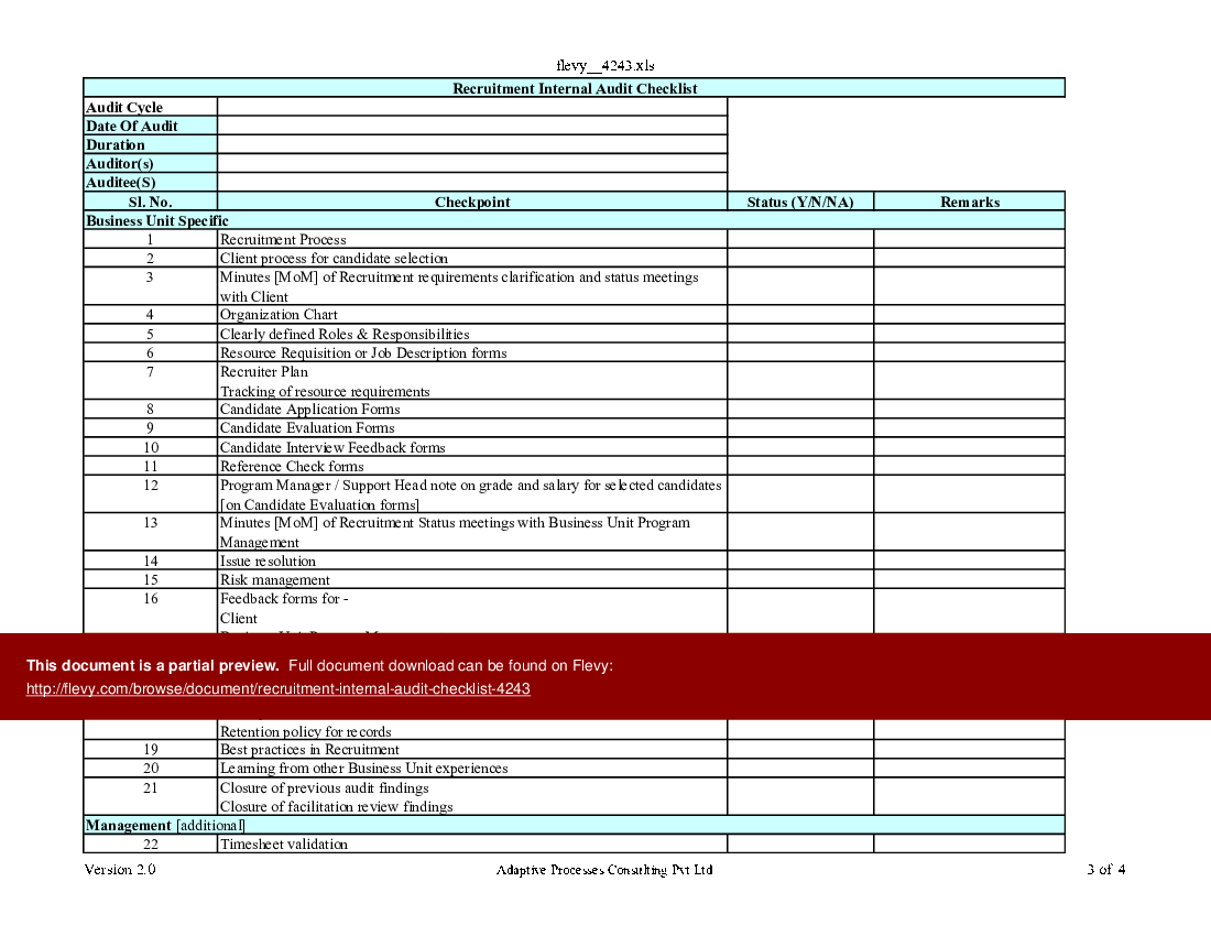 This is a partial preview of Recruitment Internal Audit Checklist (Excel workbook (XLS)). 