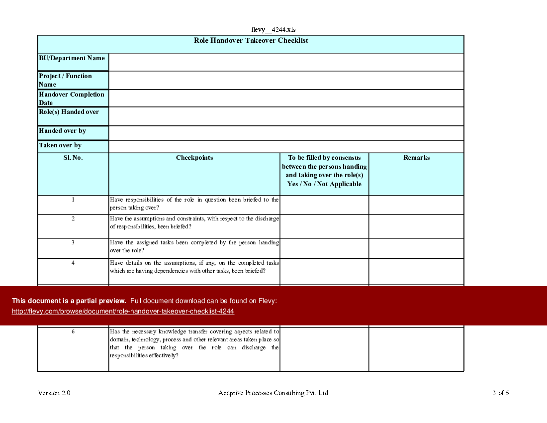 This is a partial preview of Role Handover Takeover Checklist (Excel workbook (XLS)). 