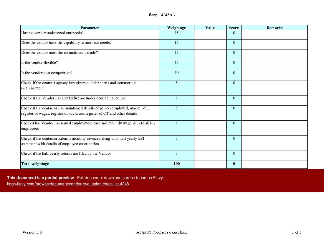 Excel Template Vendor Evaluation Checklist Excel Template Xls Flevy 6388