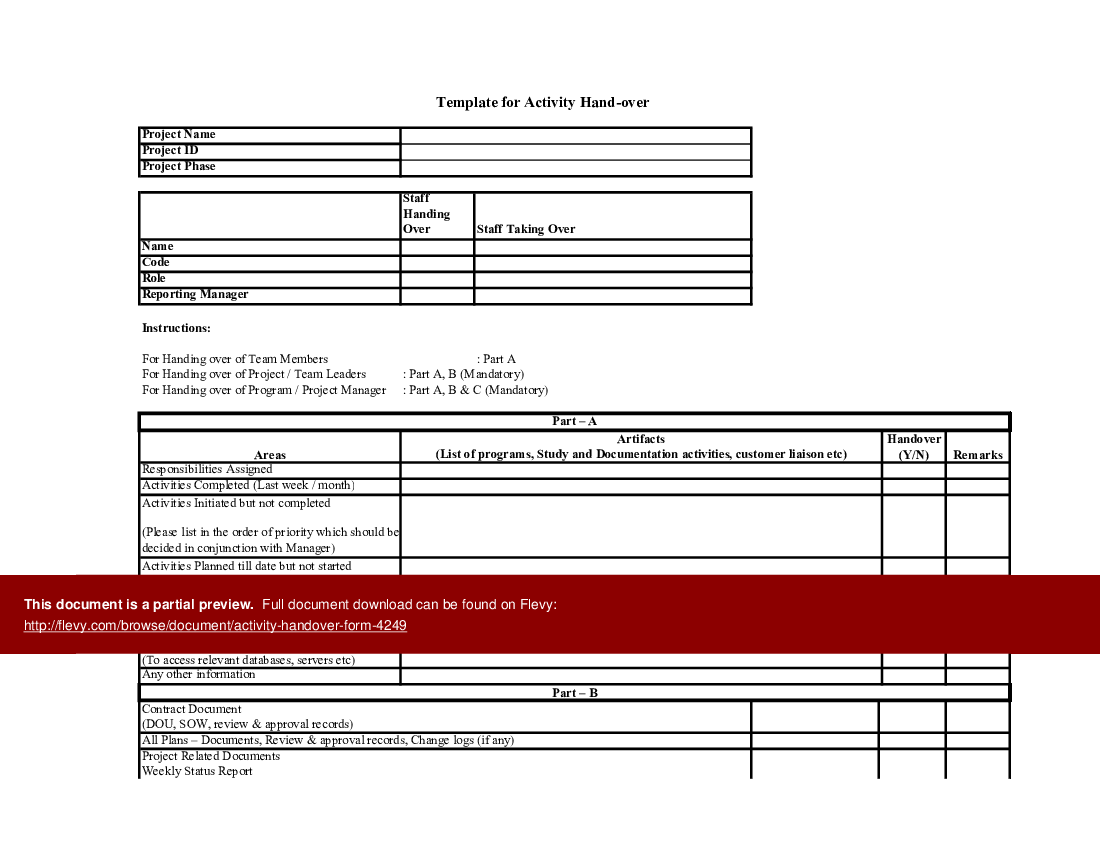 Activity Handover Form (Excel template (XLS)) Preview Image