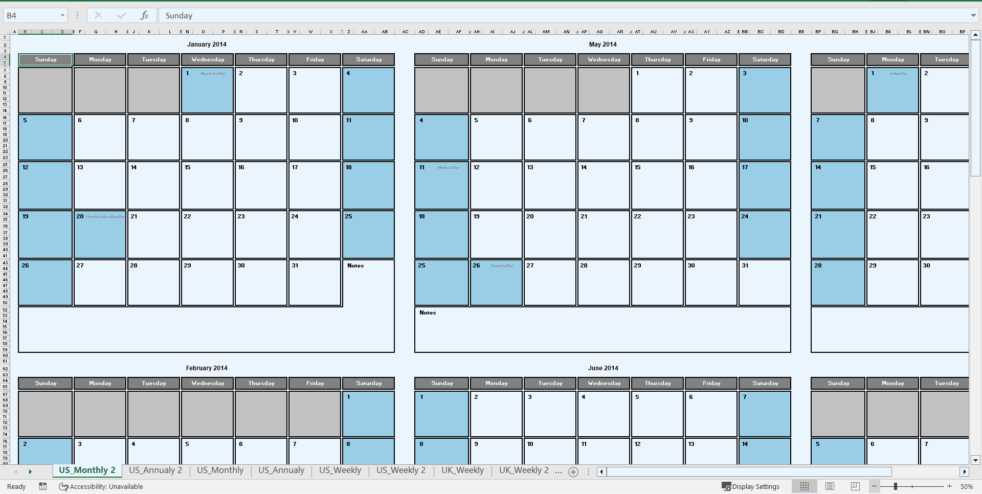 Calendar Templates 2014 with Holidays (USA / UK / Australia / Canada) (Excel template (XLS)) Preview Image