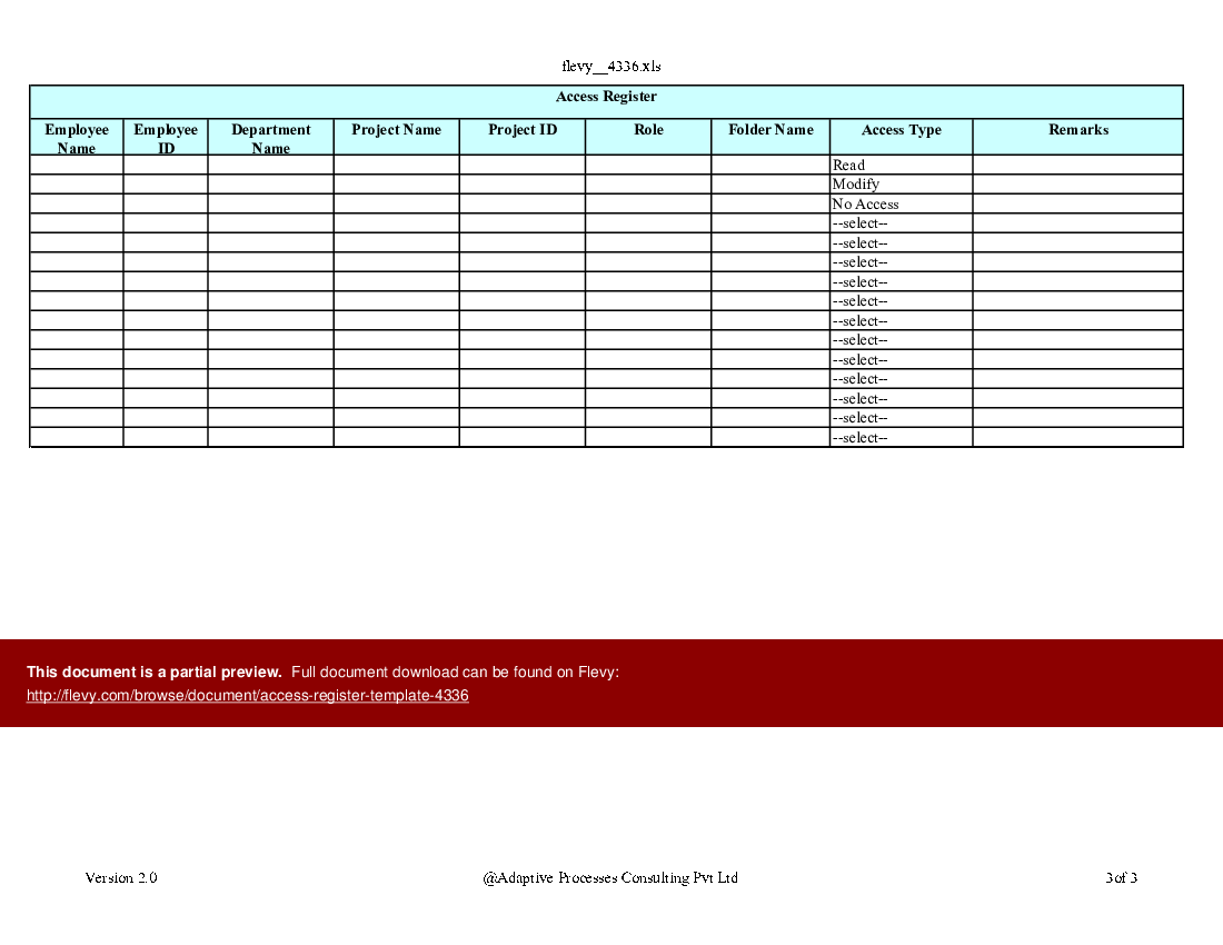 Access Register Template Excel XLS