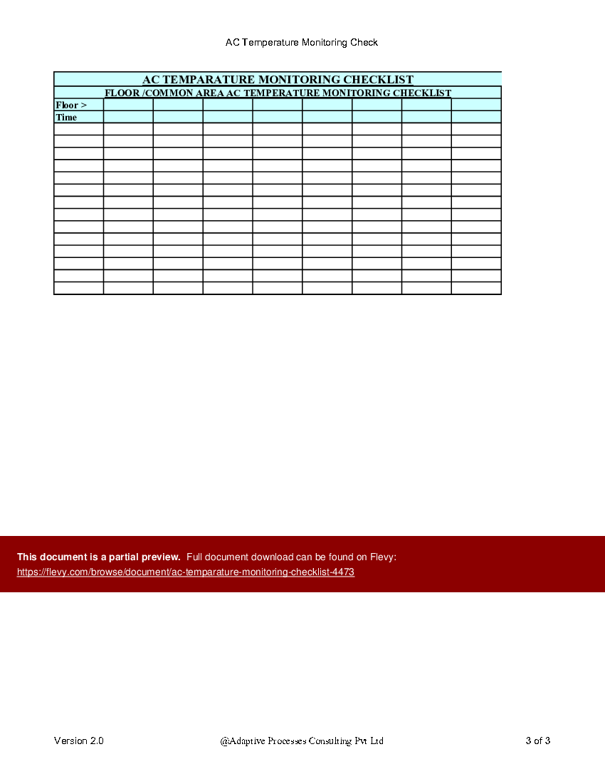 AC Temparature Monitoring Checklist (Excel template (XLS)) Preview Image