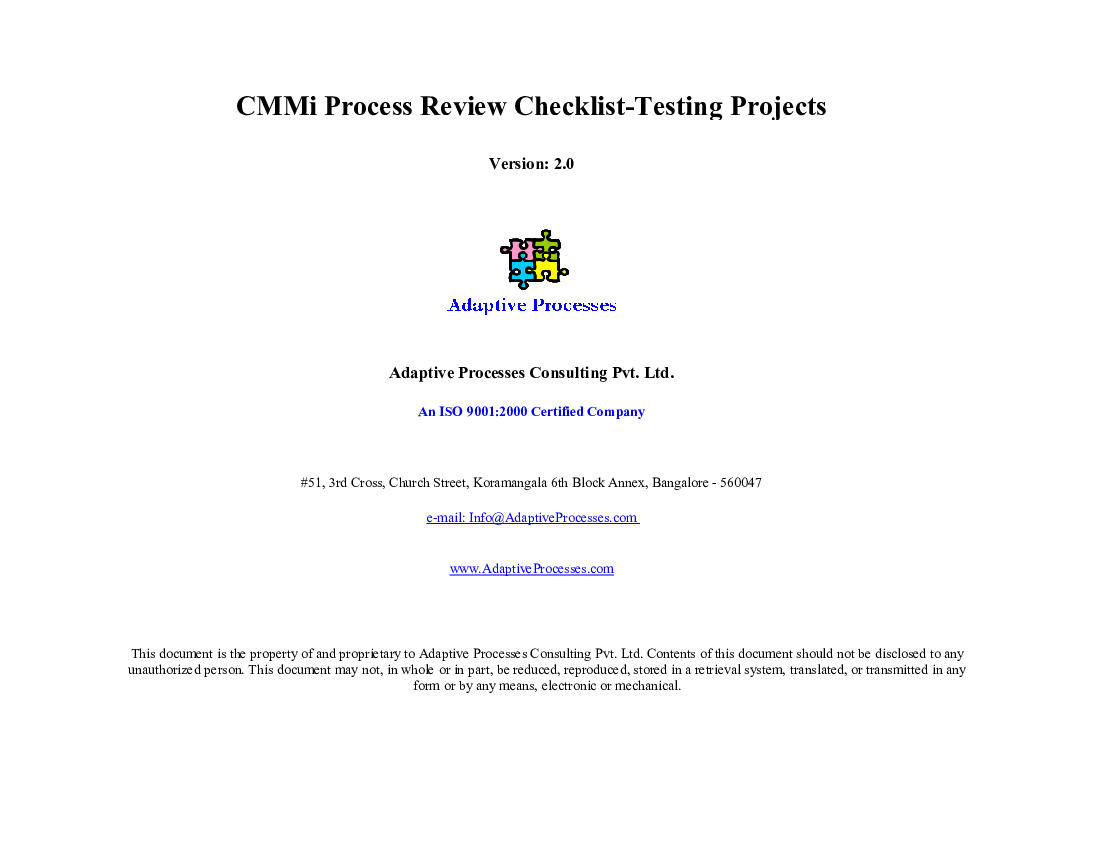 CMMi Process Review Checklist-Testing (Excel template (XLS)) Preview Image