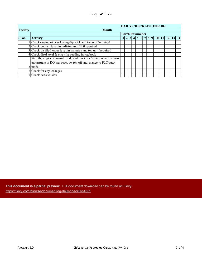 DG daily checklist (Excel template (XLS)) Preview Image