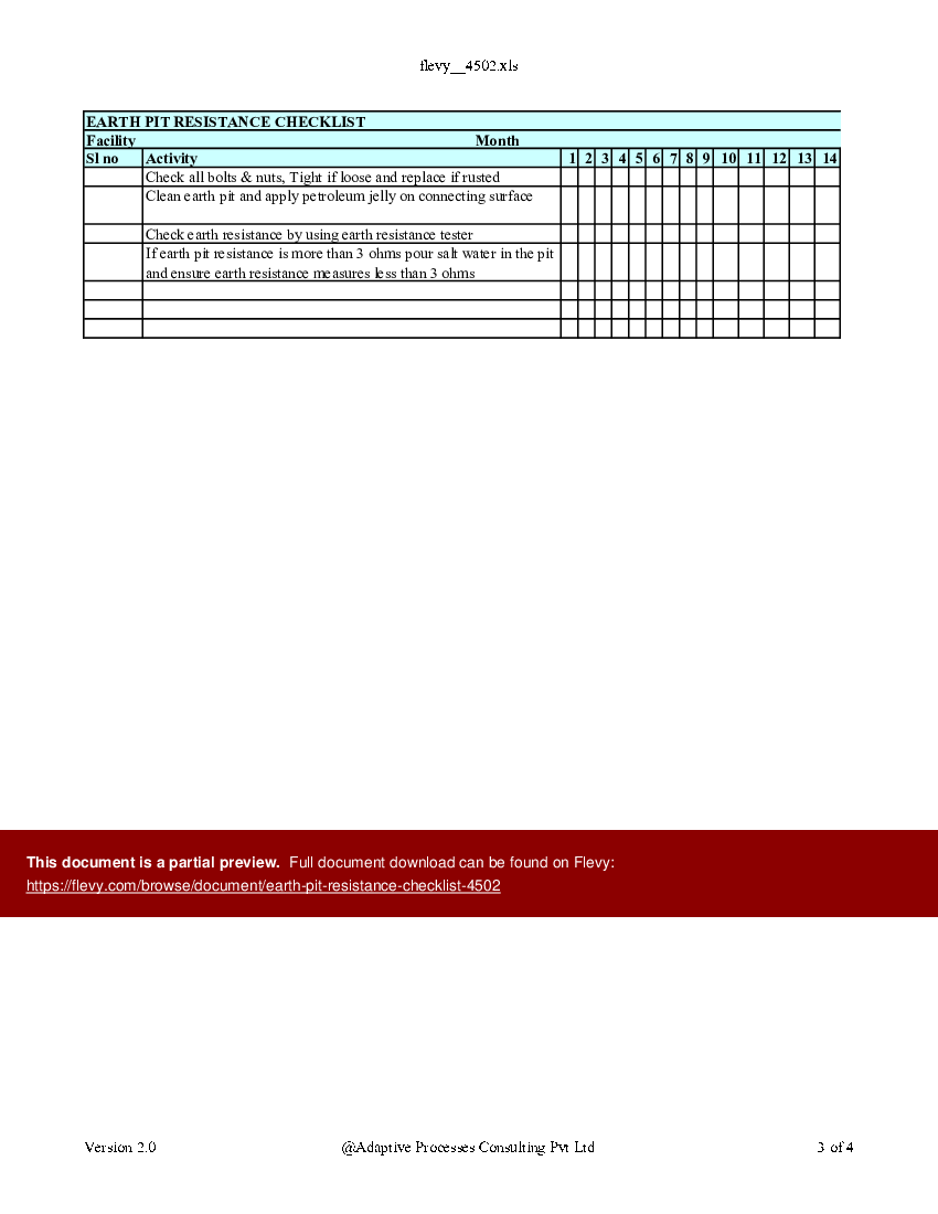 Earth Pit resistance Checklist (Excel template (XLS)) Preview Image