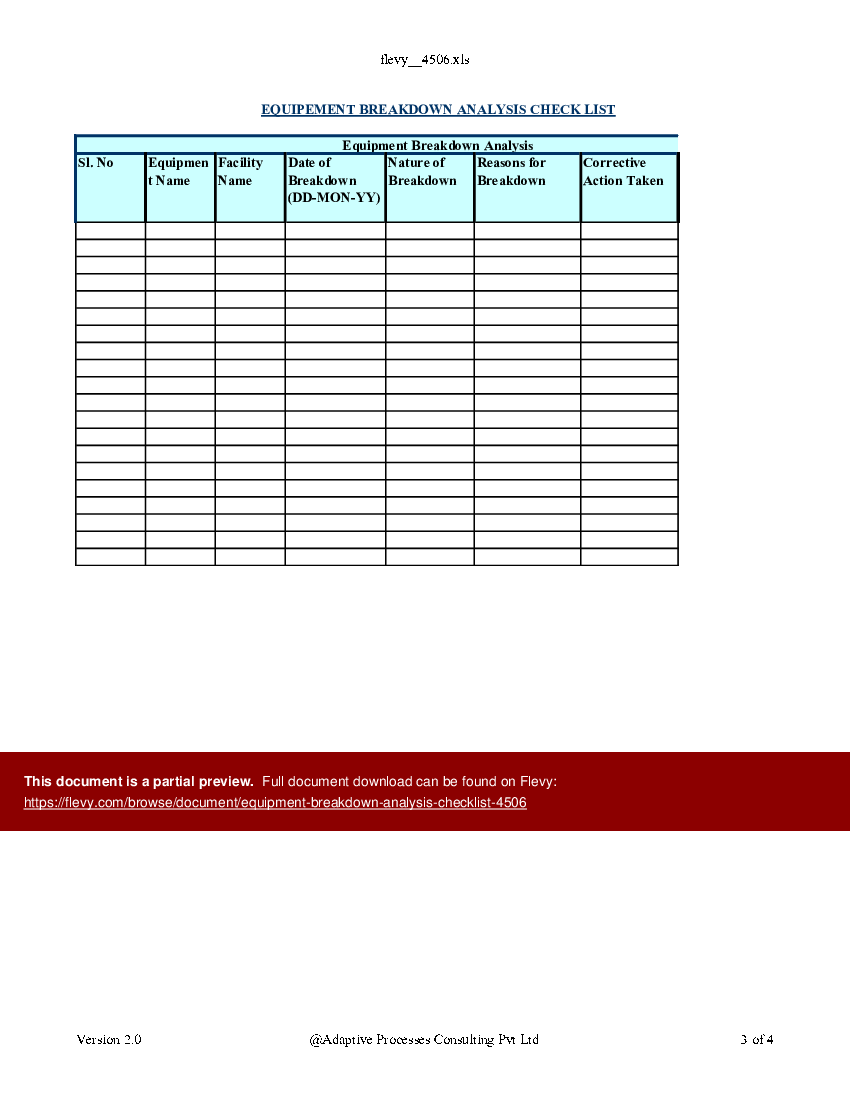 Equipment breakdown Analysis Checklist (Excel template (XLS)) Preview Image