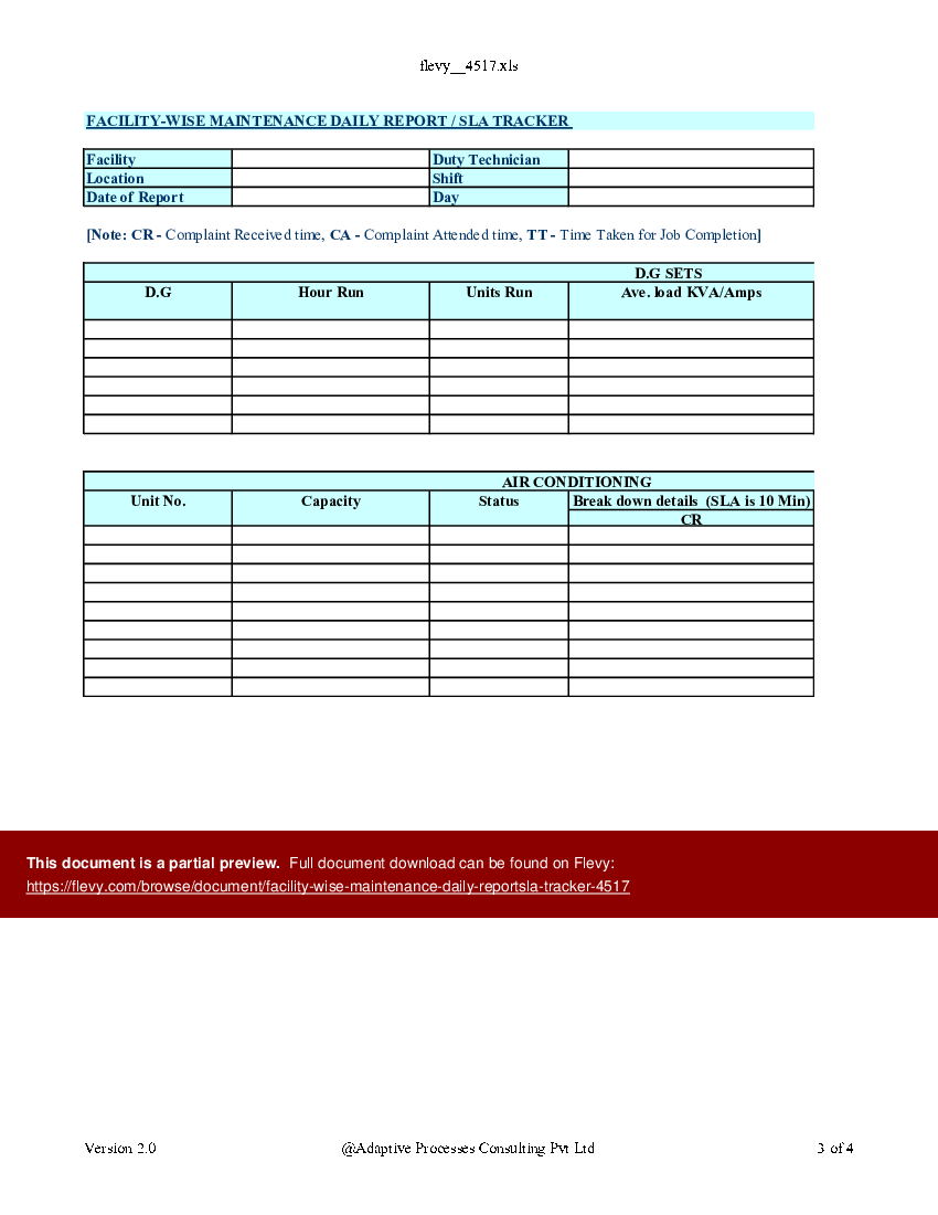 Facility-Wise Maintenance Daily Report_SLA Tracker (Excel template (XLS)) Preview Image