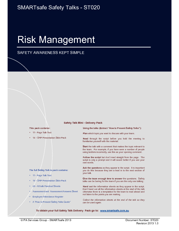 Risk Management Safety Talk (29-page PDF document) Preview Image