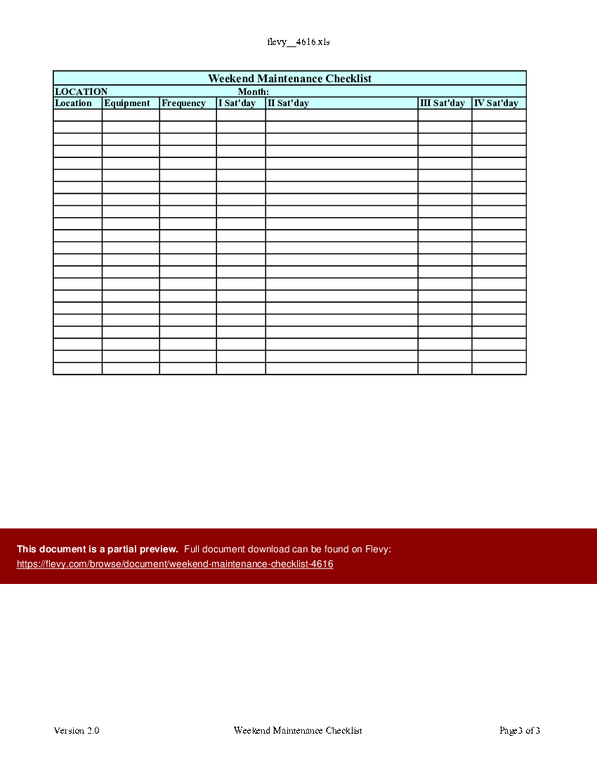Weekend Maintenance Checklist (Excel template (XLS)) Preview Image