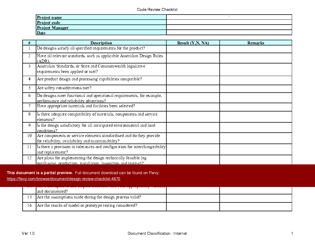 Design Review Checklist (Excel template (XLS)) Preview Image