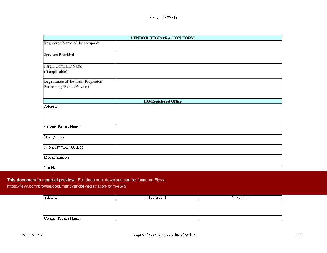 Vendor registration form (Excel template (XLS)) Preview Image
