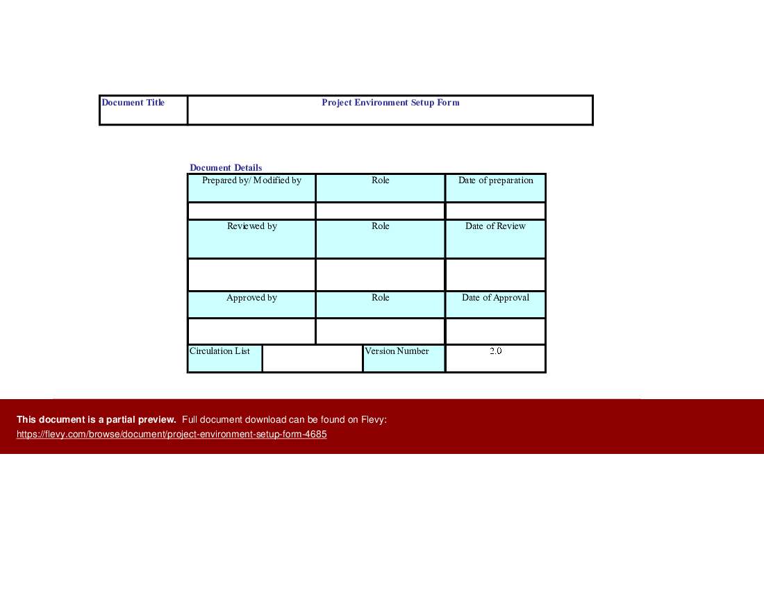 Project environment setup form (Excel template (XLS)) Preview Image