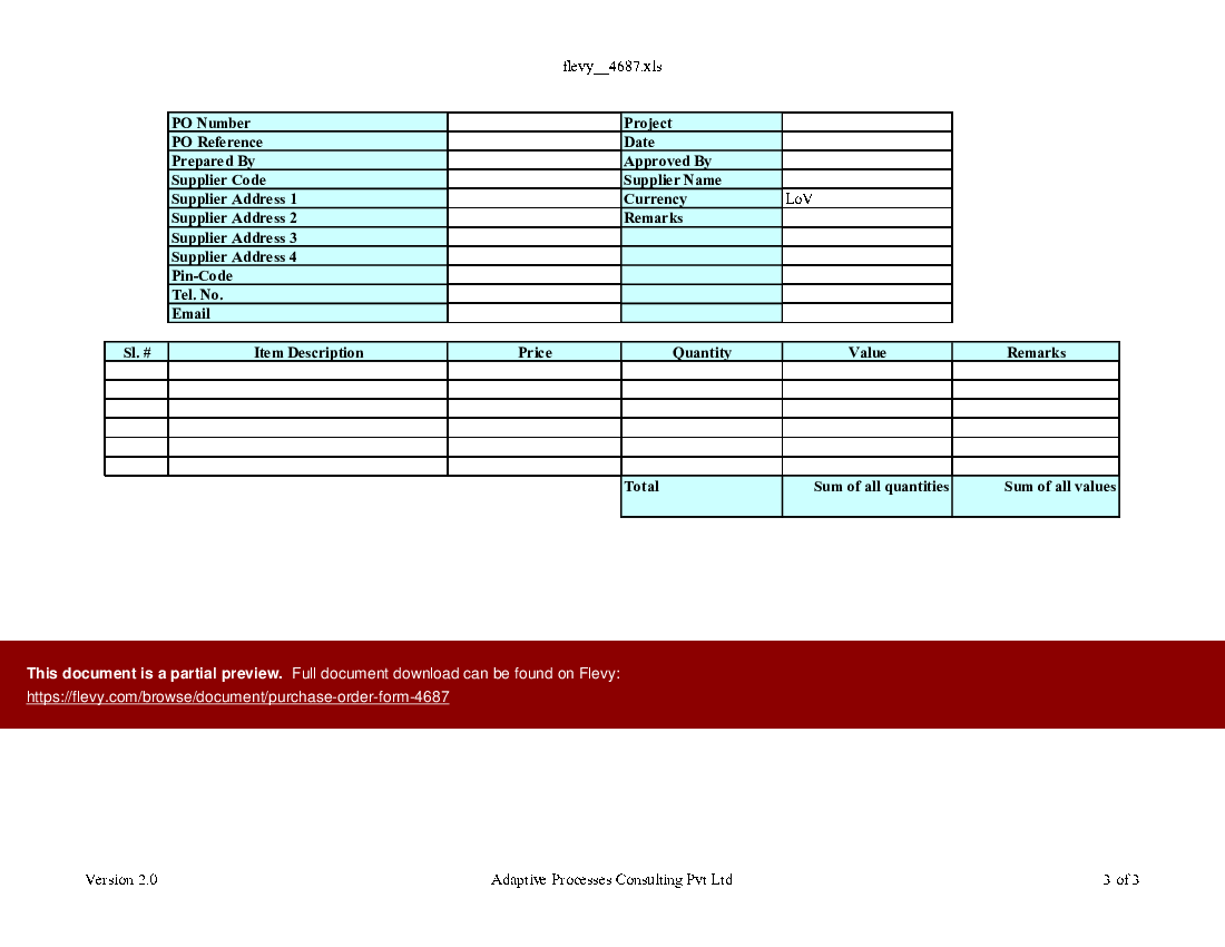 Purchase order form (Excel template (XLS)) Preview Image