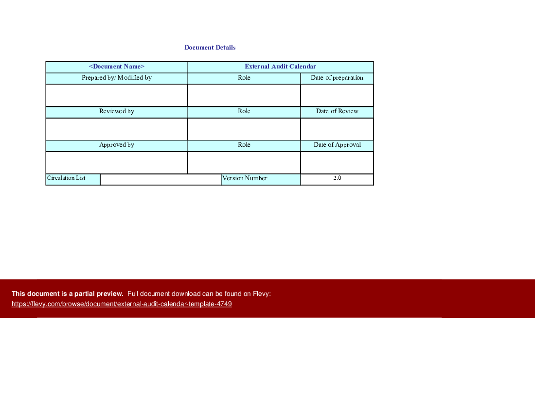 External Audit Calendar Template (Excel template (XLS)) Preview Image
