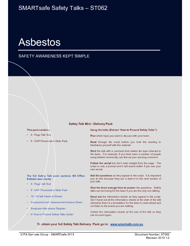 Asbestos - Safety Talk (21-page PDF document) Preview Image