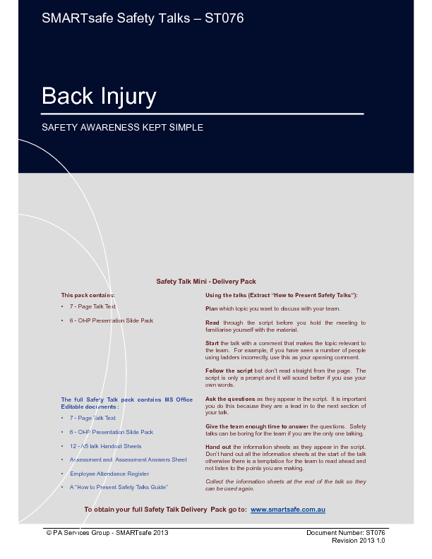 This is a partial preview of Back Injury - Safety Talk (17-page PDF document). Full document is 17 pages. 