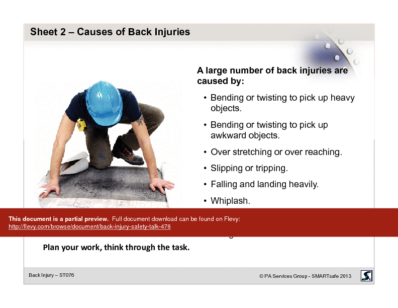 This is a partial preview of Back Injury - Safety Talk (17-page PDF document). Full document is 17 pages. 