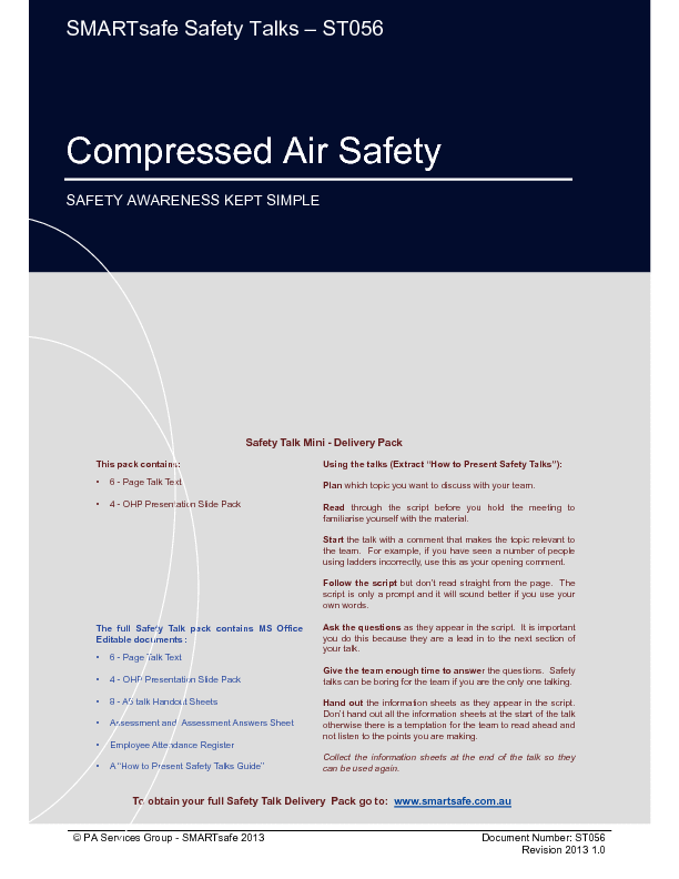 This is a partial preview of Compressed Air Safety - Safety Talk (14-page PDF document). Full document is 14 pages. 
