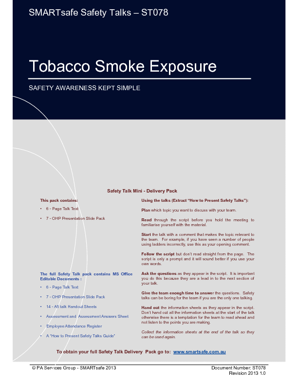 This is a partial preview of Tobacco Smoke Exposure - Safety Talk (17-page PDF document). Full document is 17 pages. 
