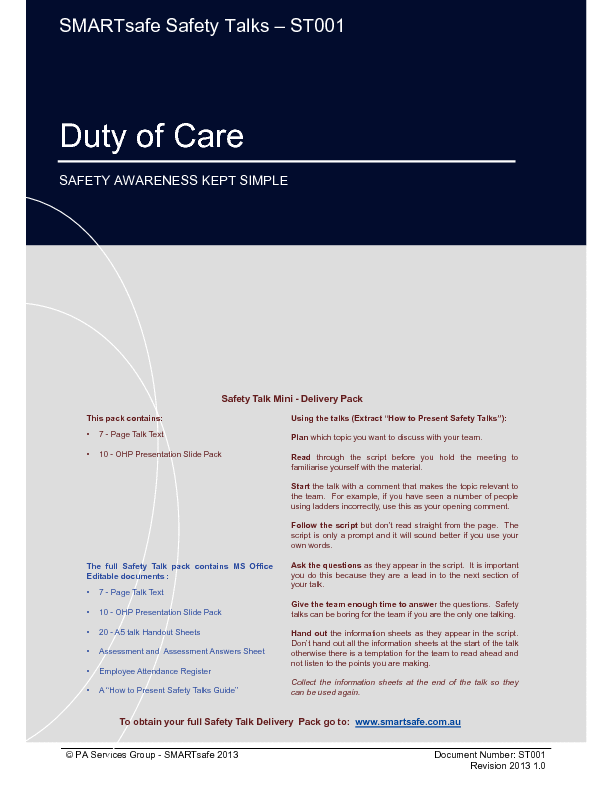 This is a partial preview of Duty of Care - Safety Talk (23-page PDF document). Full document is 23 pages. 