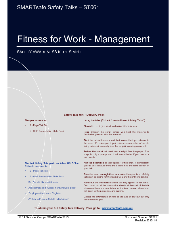 This is a partial preview of Fitness for Work (Management) - Safety Talk (29-page PDF document). Full document is 29 pages. 