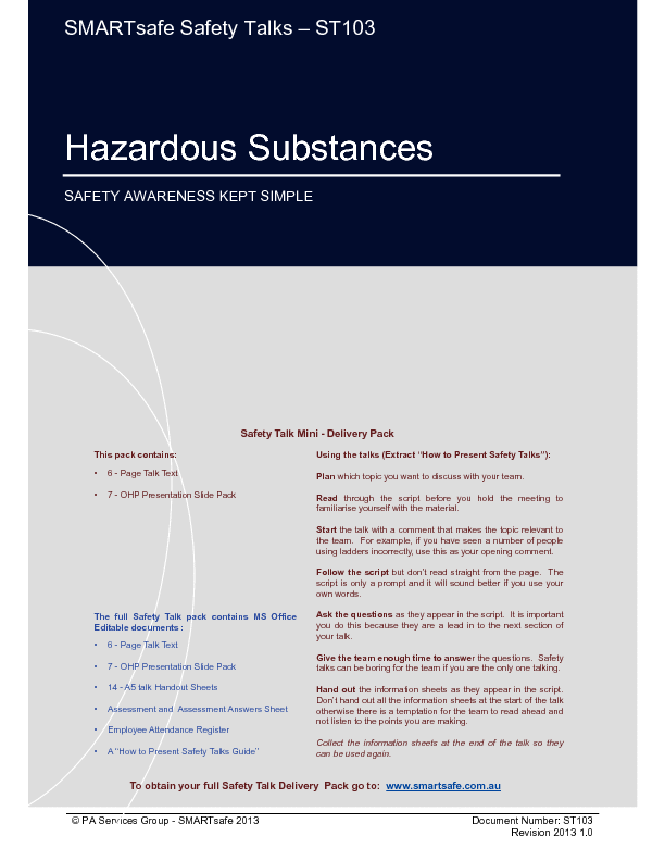 This is a partial preview of Hazardous Substances - Safety Talk (17-page PDF document). Full document is 17 pages. 