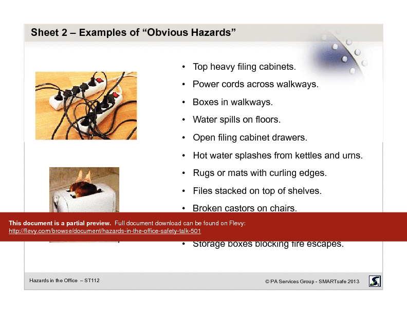 This is a partial preview of Hazards in the Office - Safety Talk (18-page PDF document). Full document is 18 pages. 