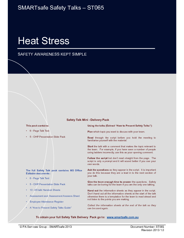 This is a partial preview of Heat Stress - Safety Talk (15-page PDF document). Full document is 15 pages. 
