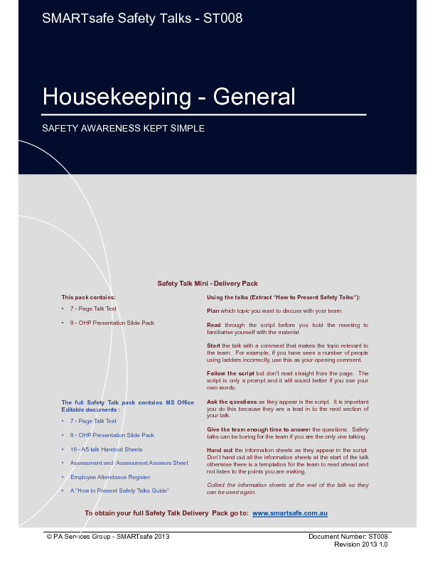 This is a partial preview of Housekeeping General - Safety Talk (19-page PDF document). Full document is 19 pages. 
