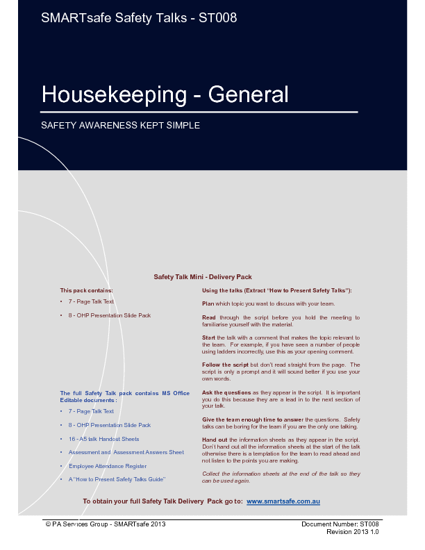 Housekeeping General - Safety Talk (19-page PDF document) Preview Image