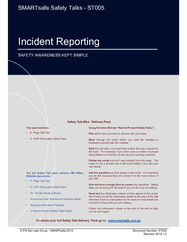 This is a partial preview of Incident Reporting - Safety Talk (19-page PDF document). Full document is 19 pages. 