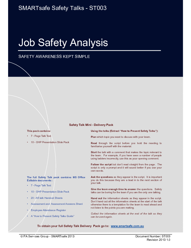 This is a partial preview of Job Safety Analysis - Safety Talk (21-page PDF document). Full document is 21 pages. 