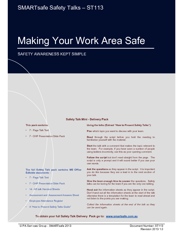 This is a partial preview of Making Your Work Area Safe - Safety Talk (18-page PDF document). Full document is 18 pages. 