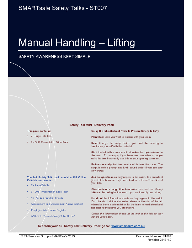 Manual Handling - Lifting - Safety Talk (20-page PDF document) Preview Image